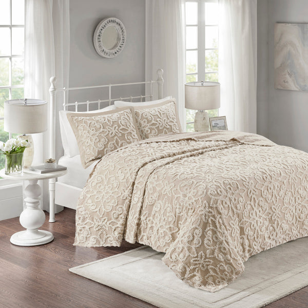 English Elm 3 Madison Park Sabrina Tufted Cotton Chenille Bedspread Set King/Cal King Oversized Floral Medallion Bedding, OEKO-TEX Certified for Safe, Lightweight Comfort taupe 16.14 L x 18.11 W x 5.12 H B035129060