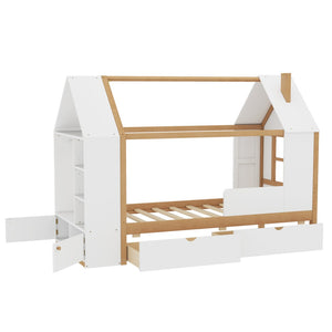 English Elm Twin House Frame Bed Pine Wood with Storage Drawers and Shelves for Kids Bedroom W1580S00572