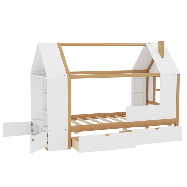 English Elm Twin House Frame Bed Pine Wood with Storage Drawers and Shelves for Kids Bedroom W1580S00572