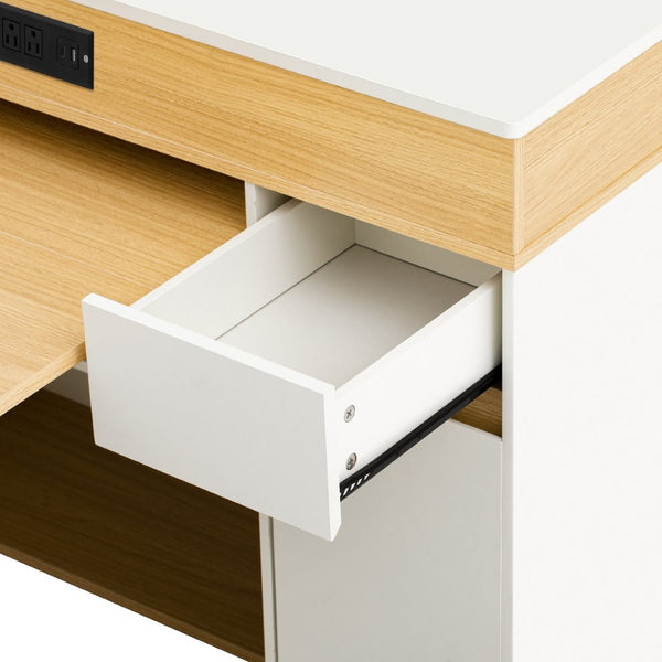 English Elm Trexm Rolling Kitchen Island Extendable Marble Top Cabinet Drawers Power Outlet Creamy White,Natural XW000029AAN