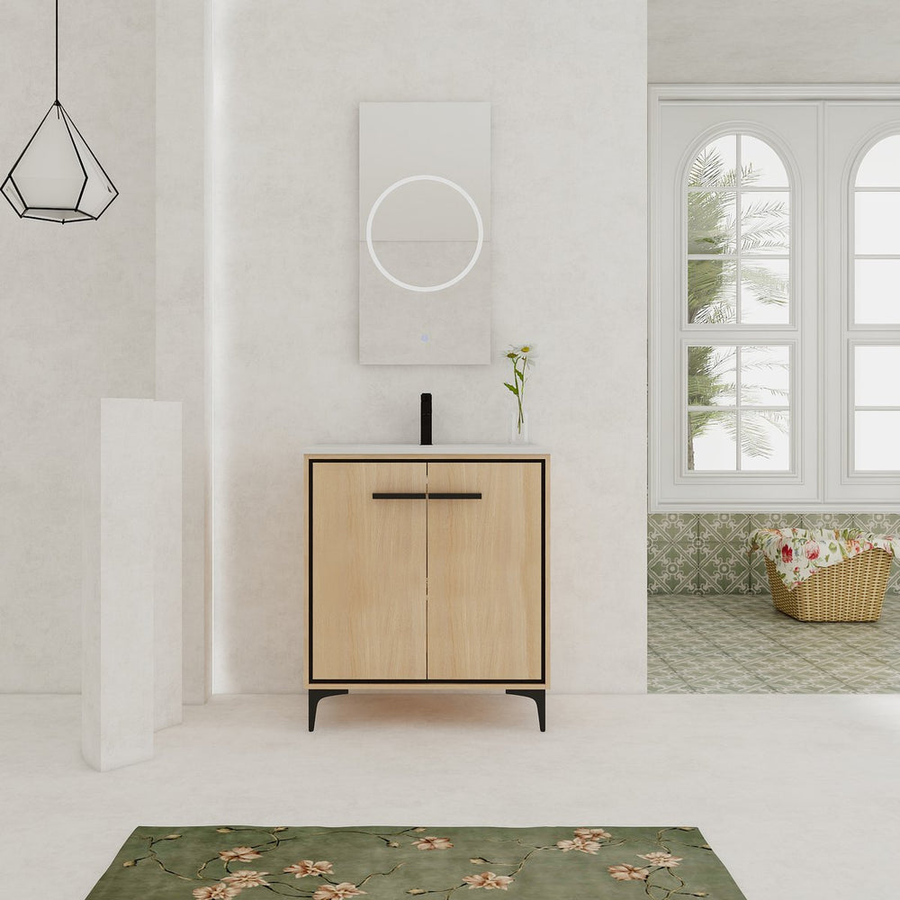 English Elm 30 Inch Oak Bathroom Vanity Base with Basin, Engineered Wood Double-Door Cabinet, Modern Storage W1972S00004