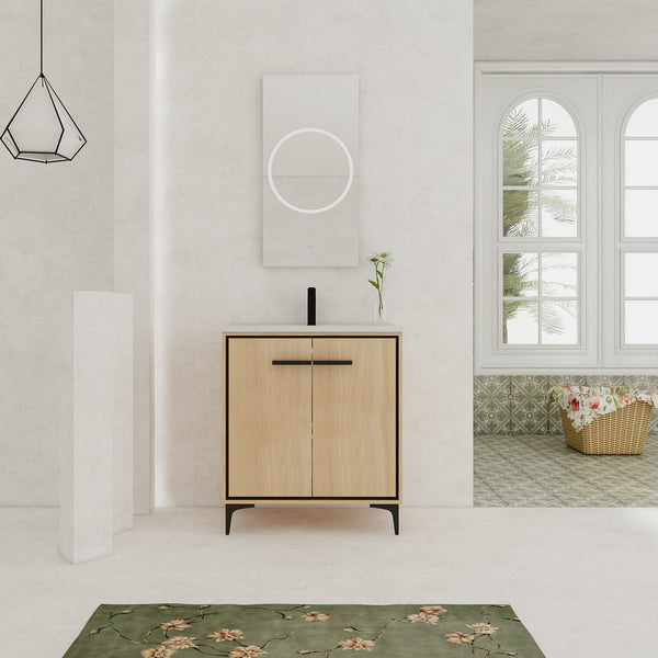 English Elm 30 Inch Oak Bathroom Vanity Base with Basin, Engineered Wood Double-Door Cabinet, Modern Storage W1972S00004