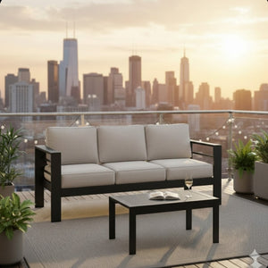 English Elm 2 Piece Outdoor Iron Patio Sofa Set with Thick Cushions and Wood Grain Coffee Table Black+ Gray B082P455117