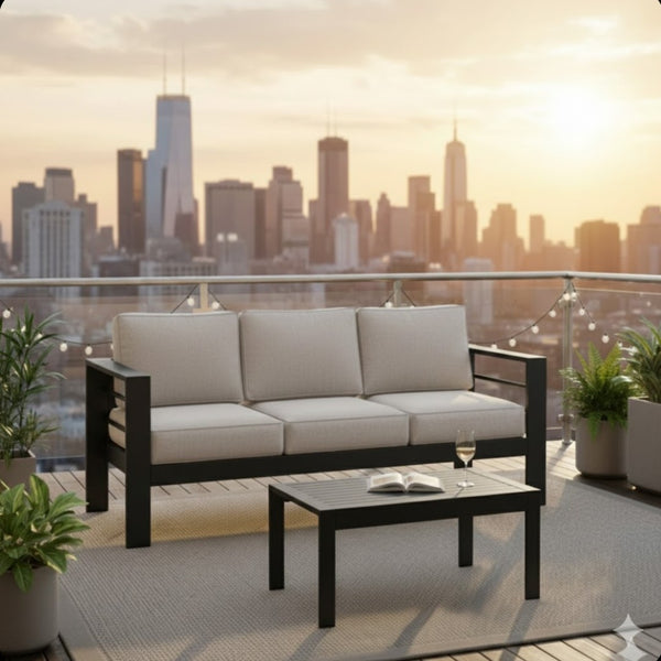 English Elm 2 Piece Outdoor Iron Patio Sofa Set with Thick Cushions and Wood Grain Coffee Table Black+ Gray B082P455117