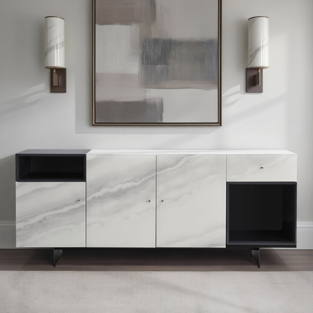 English Elm Olivia Marble Effect Glass Sideboard with Matte Black Open Shelving for Dining Rooms B2736S00027