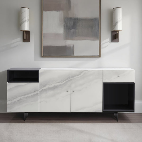 English Elm Olivia Marble Effect Glass Sideboard with Matte Black Open Shelving for Dining Rooms B2736S00027