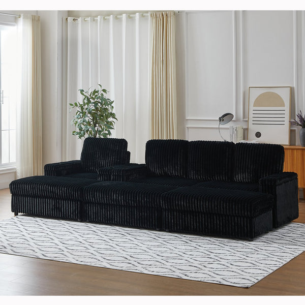 English Elm Corduroy minimalist coffee table conversion sofa set with cup grooves, recliner comfort and L-shaped layout for hosting Black W834S00547