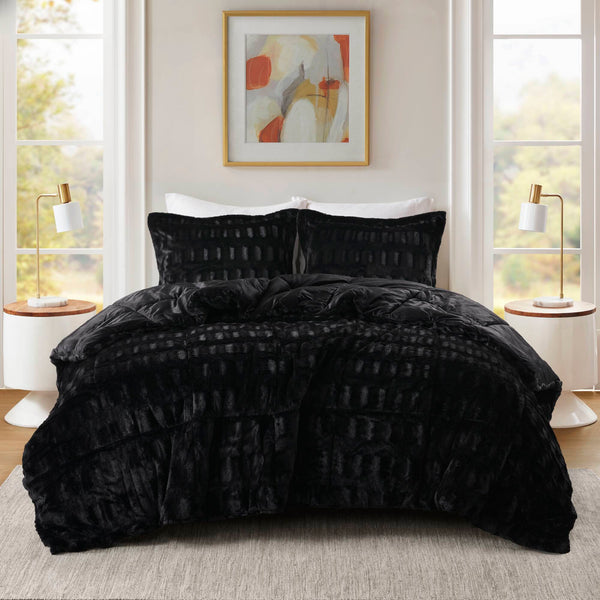 English Elm 3 Pcs King/Cal King Luxurious Solid Faux Fur Comforter Mini Set - Cozy Black Elegance For Your Bedroom B035P319601