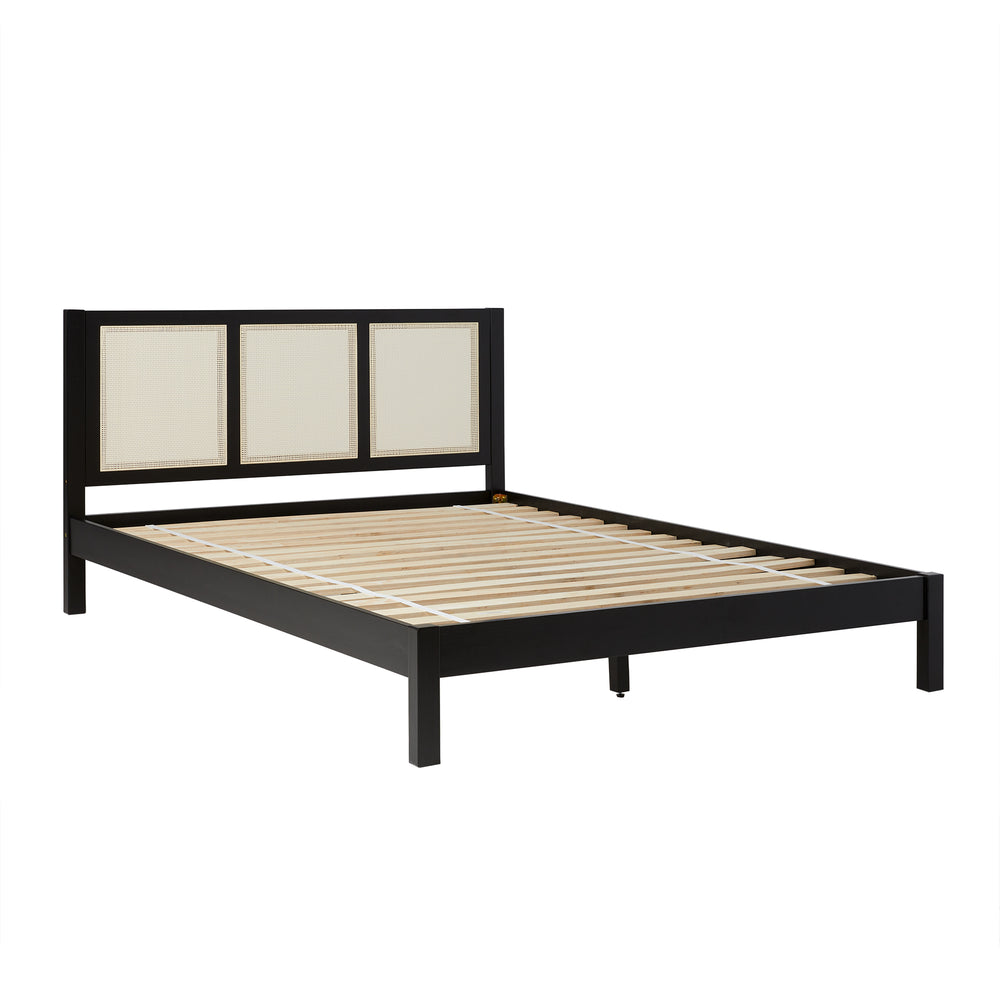 Solid Wood Rattan Paneled Platform Bed YASB Black YASB5CBL Walker Edison