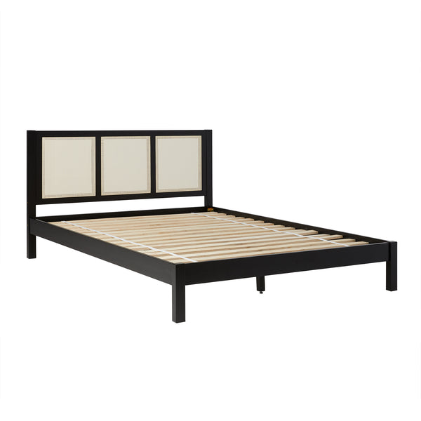 Solid Wood Rattan Paneled Platform Bed YASB Black YASB5CBL Walker Edison