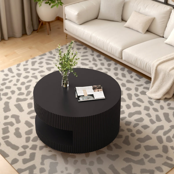 English Elm 31.5'' Round Coffee Table with Hidden Storage and Vertical Stripe Accent, Modern Durable MDF Design Black W757P206007