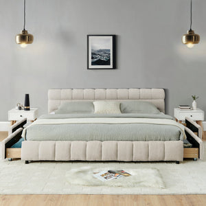 English Elm California King Platform Bed Chenille Upholstered Frame with Storage Drawers Modern Beige W487S00422