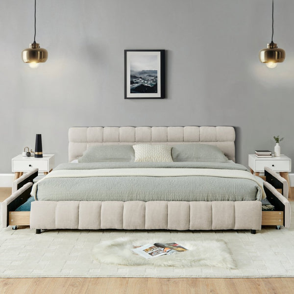 English Elm California King Platform Bed Chenille Upholstered Frame with Storage Drawers Modern Beige W487S00422