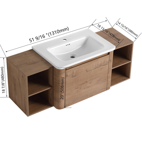 English Elm 52'' Wall-Mounted Vanity with White Ceramic Sink, Soft-Close Door, Plywood Shelves & Rounded Edges Imitative Oak W999S00431