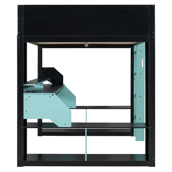 English Elm Full Size Gaming Loft Bed with Rgb Lighting Built-in Desk and Usb Charging Ports Blue LT000275AAC