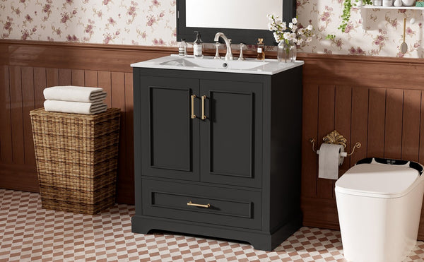 English Elm 30" Freestanding Bathroom Vanity Matte Black Solid Wood Ceramic Sink Soft Close N729P321376B