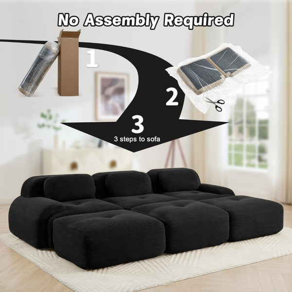 English Elm Three-seat Modular Corduroy Sectional Sofa with Ottomans for Living and Media Rooms Black W714S01278