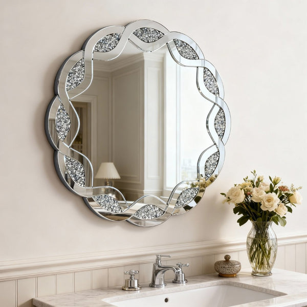 English Elm Silver Wave Frame Round Wall Mirror with Diamond Beveled Facets for Glam Home Decor W1445P370440
