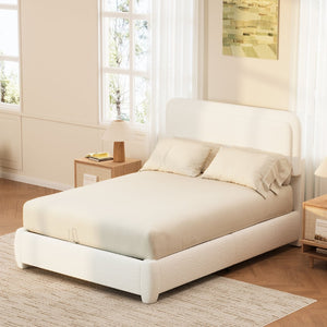English Elm Boucle Cloud Upholstered Full Platform Bed with Adjustable Curved Headboard in White N733P439489K
