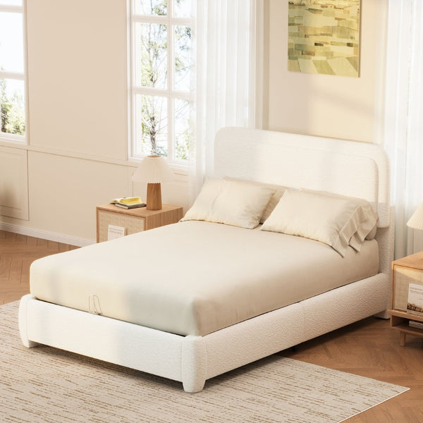 English Elm Boucle Cloud Upholstered Full Platform Bed with Adjustable Curved Headboard in White N733P439489K