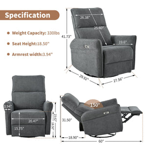 English Elm 270° 270° Power Swivel Recliner Chair with USB Ports, 30° Rocking, 95–150° Recline for Small Spaces Dark Gray W1028S00050