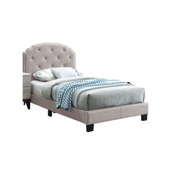 English Elm Light Gray Burlap Upholstered Twin Bed with Button Tufted Headboard and Nailhead Trim B011P415184