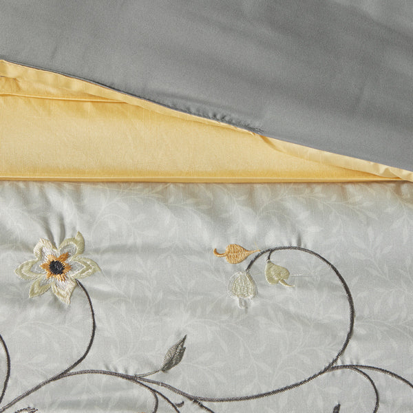 English Elm Embroidered 7-Piece Comforter Set - Luxurious Yellow & Grey King Bedding With Floral Elegance B03596981
