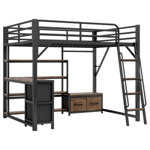 English Elm Queen Size Loft Bed With Desk & Led Lighting - Stylish Metal Bed With Storage & Workstation For Small Spaces W2593S00041-GIGA