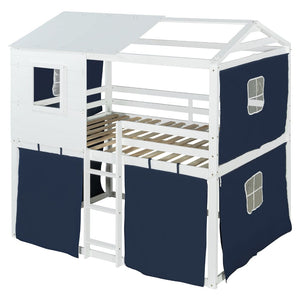 English Elm Full Size Kids Playhouse Bunk Bed Pinewood Frame with Tent Roof and Window Cutouts Blue LT000380AAC-1