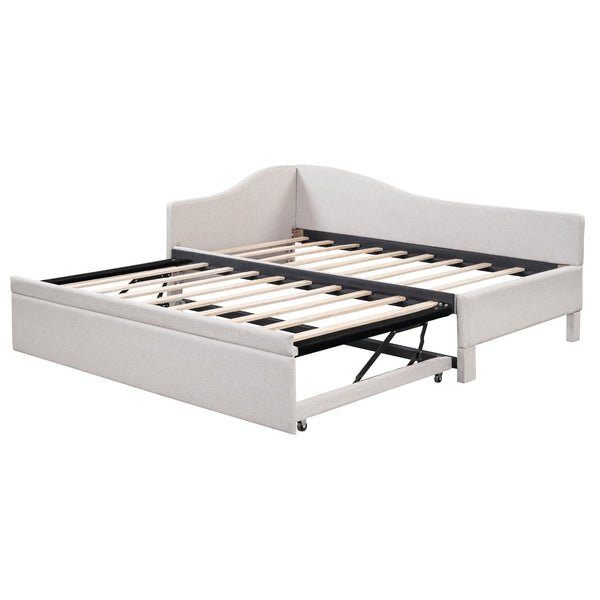 English Elm Twin L-shaped Linen Upholstered Daybed with Hydraulic Pop-up Trundle for Guest Rooms Beige SF000193AAA-1