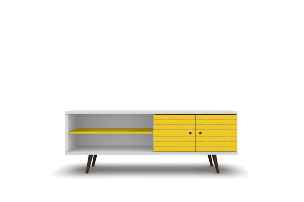 English Elm Liberty 63" Modern Mid-Century Tv Stand In White & Yellow With Storage, Cable Management & Style B365P398388