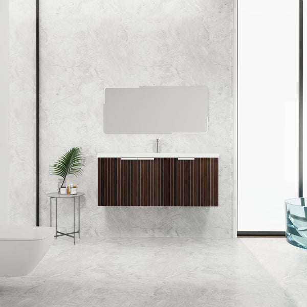 English Elm 48 Inch Silver-Brown Stripe Vanity with Resin Sink, Wall-Mounted 3-Door Storage, Soft-Close Hinges W999P206328