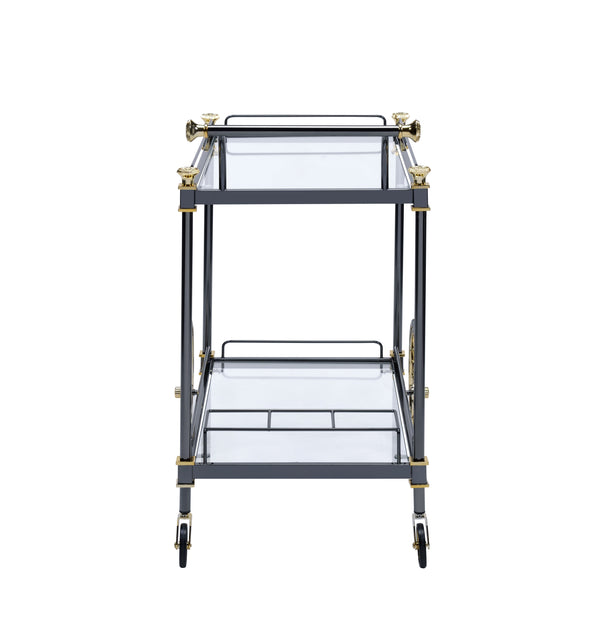 English Elm Cyrus Clear Glass Serving Cart with Black/Gold Metal Frame, Wine Rack, Handle & Smooth Casters B2726P256279