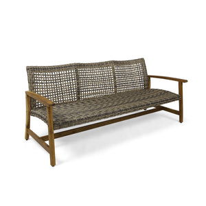 English Elm Christopher Knight Home® - HAMPTON Wood + Wicker 3 Seater Sofa – Acacia Wood Frame, Iron Support, Weather-Resistant Large Seat 60395.00WTC