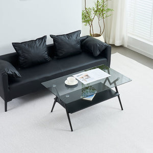 English Elm Rectangle Coffee Table With Elegant Tempered Glass Top & Black Mdf Shelf For Modern Living Room Décor W241142567-GIGA