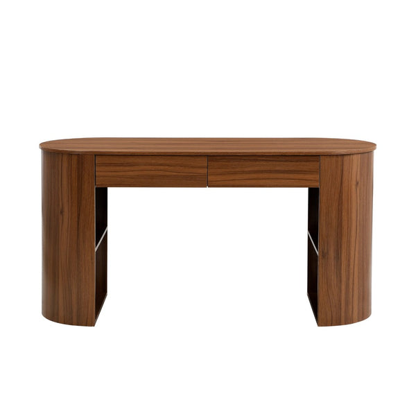 English Elm Storage Writing Desk with Curved Base Open Shelves and Drawers for Home Office Dark Walnut N757P306285D