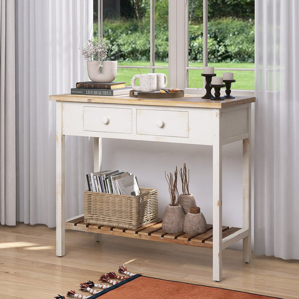English Elm Vintage Two-Drawer Console Table Antique Natural Distressed Finish with Shelf, Sturdy Entryway Storage W2295P366795