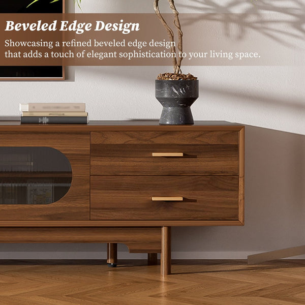 English Elm 78inch Walnut Entertainment Center Fluted Glass Solid Wood Legs Modern Living Room N710P362203P