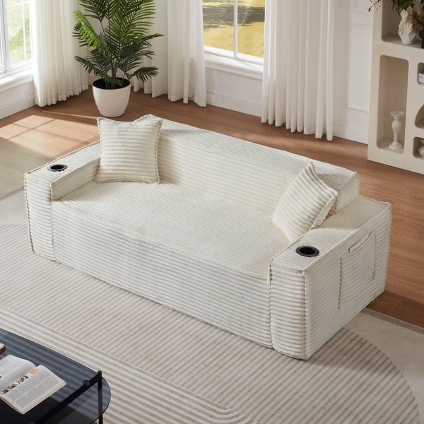 English Elm 3seater Corduroy Cloud Sofa Pocket Spring Cushioned Seat for Apartments and Office Lounges White W3396P434762