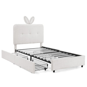 English Elm Twin Kids Boucle Upholstered Bed Rabbit Ear Headboard Led Lighting Four Storage Drawers Beige W1413P384921
