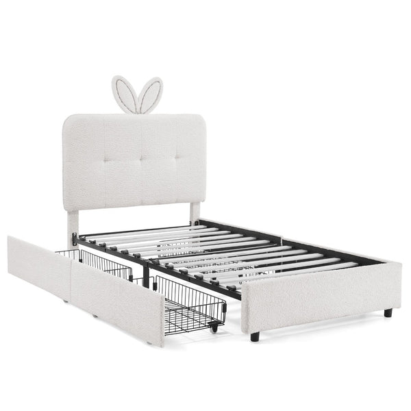 English Elm Twin Kids Boucle Upholstered Bed Rabbit Ear Headboard Led Lighting Four Storage Drawers Beige W1413P384921