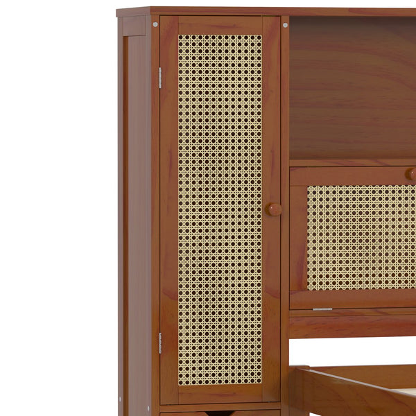 English Elm Twin Multifunctional Bed with Rattan Headboard Storage, Drawer & Shelves — Space-Saving Pine Design Walnut 50.4 L x 19.8 W x 5.5 H N733S241280D