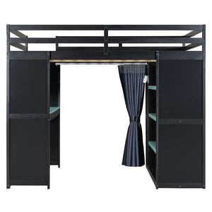 English Elm Full Size Wood Loft Bed with Wardrobe Desk Shelves Rgb Lighting and Blackout Curtains Black+Blue LT000269AAC-1
