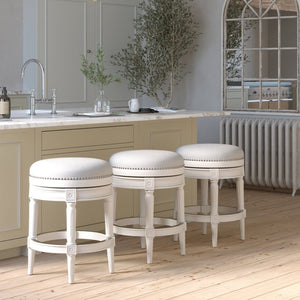 English Elm 26in. Faux Leather Swivel Barstool Nailhead Trim Carved Wood Counter Height Kitchen White B2751P436438