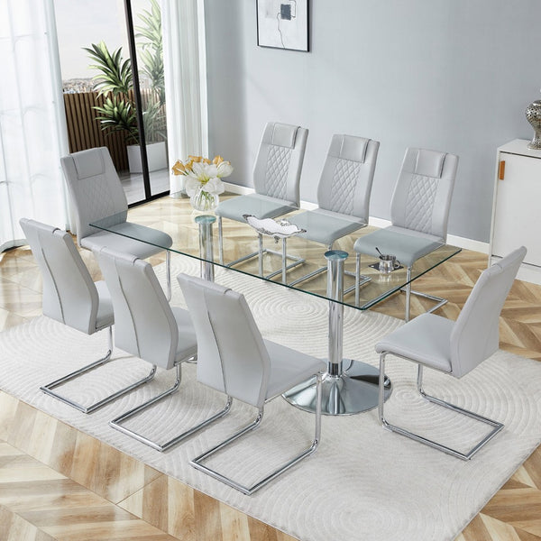 English Elm Table and Chair Set Tempered Glass Top Seats Eight with Pu Leather Dining Chairs Light Gray,Silver,Transparent W1151S04553