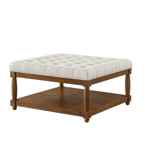 English Elm Large Square Tufted Ottoman with Wood Shelf Upholstered Footrest for Living Room Ivory W2186P204183