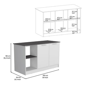 English Elm Kitchen Island With Ample Counter Space, Open Shelves & Double-Door Storage, Stylish White/Onyx B097S00157