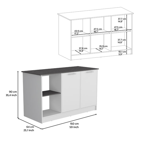 English Elm Kitchen Island With Ample Counter Space, Open Shelves & Double-Door Storage, Stylish White/Onyx B097S00157