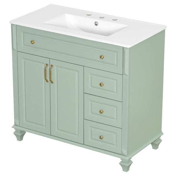 English Elm 36" Forest Green Rubberwood Bathroom Vanity with Ceramic Sink and Golden Hardware N725P356069F