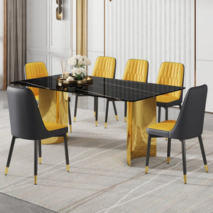 English Elm Table With Glass Top & Gold Stainless Steel Legs, 6 Orange & Dark Gray Pu Dining Chairs Set W1151S04340-GIGA